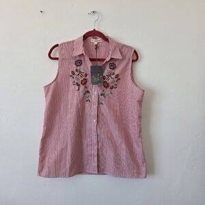 NEW Grand & Greene Floral Stripe Embroidered Sleeveless Blouse Boho Fairy Large